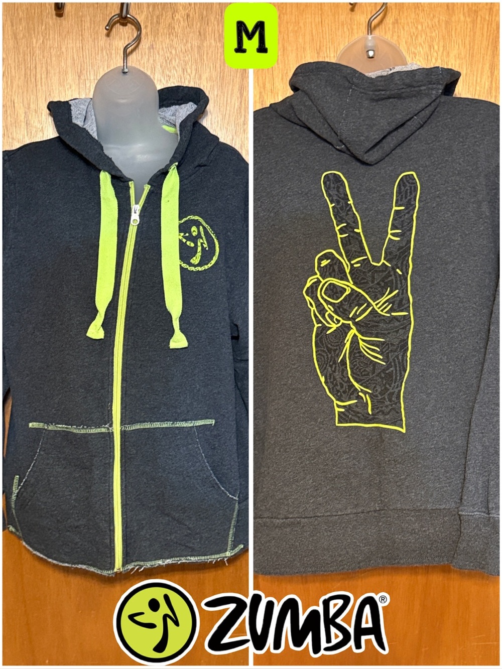Zumba Fitness Charcoal Grey Zip Up Hoodie with Neon Peace Fingers M